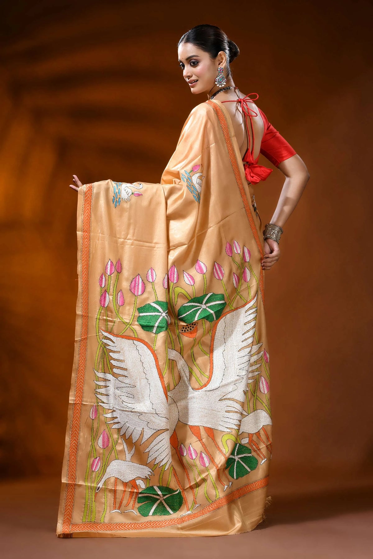 Sand beige silk kantha work saree with swan lotus hand embroidery 5
