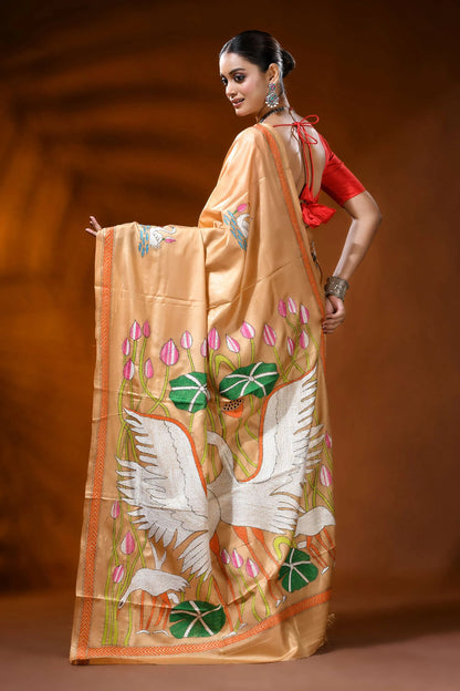 Sand beige silk kantha work saree with swan lotus hand embroidery 5