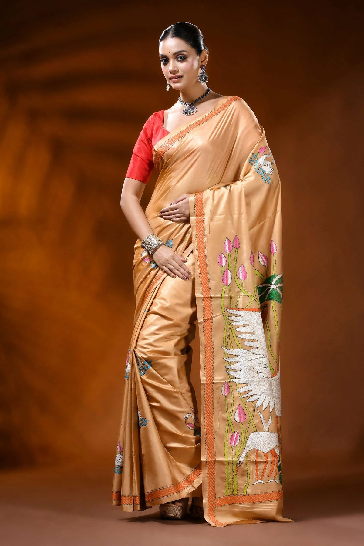 Sand beige silk kantha work saree with swan lotus hand embroidery 6