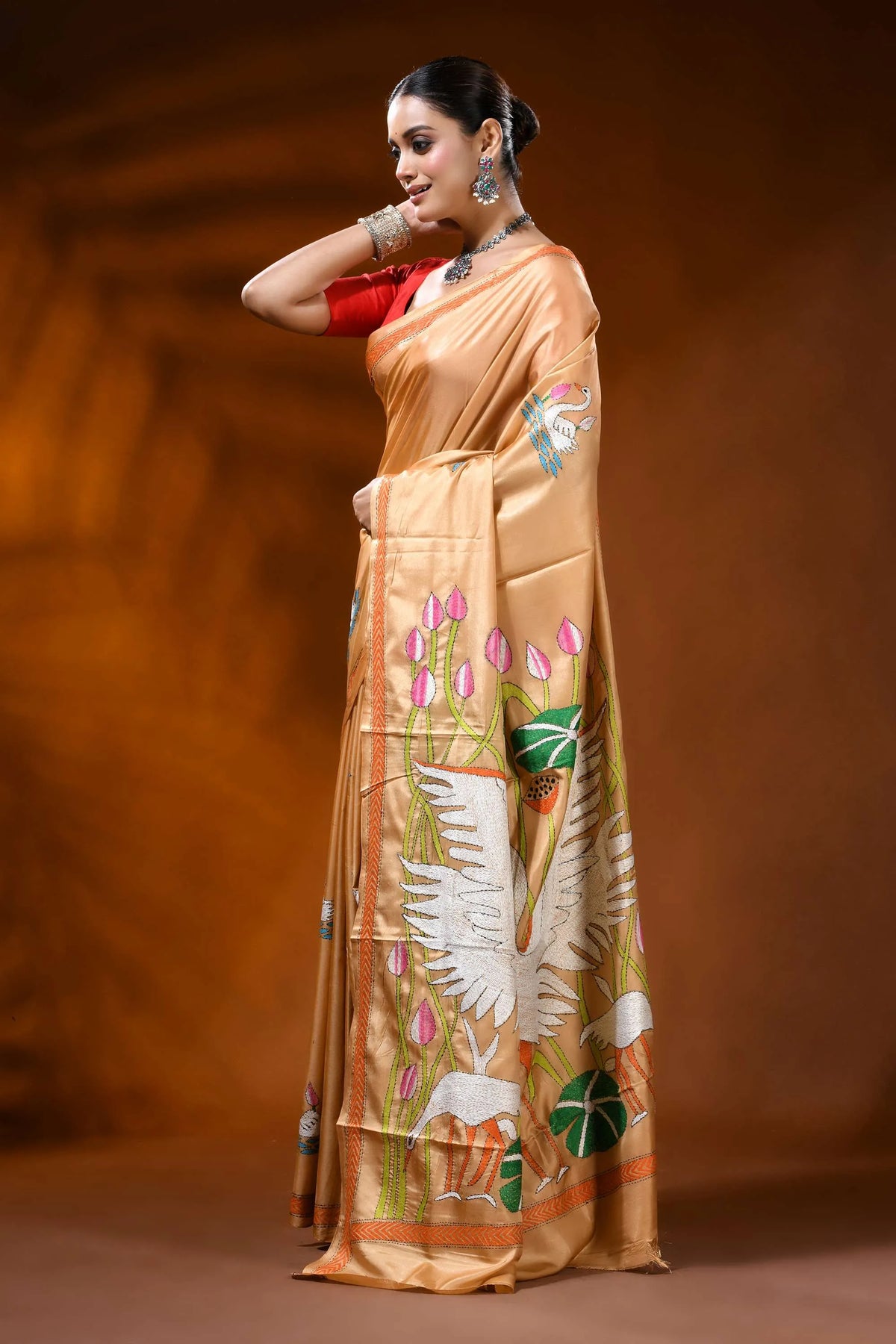 Sand beige silk kantha work saree with swan lotus hand embroidery 4