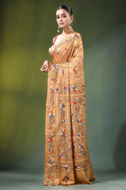 Sand brown bird design hand embroidered silk kantha saree woman wears tan 3