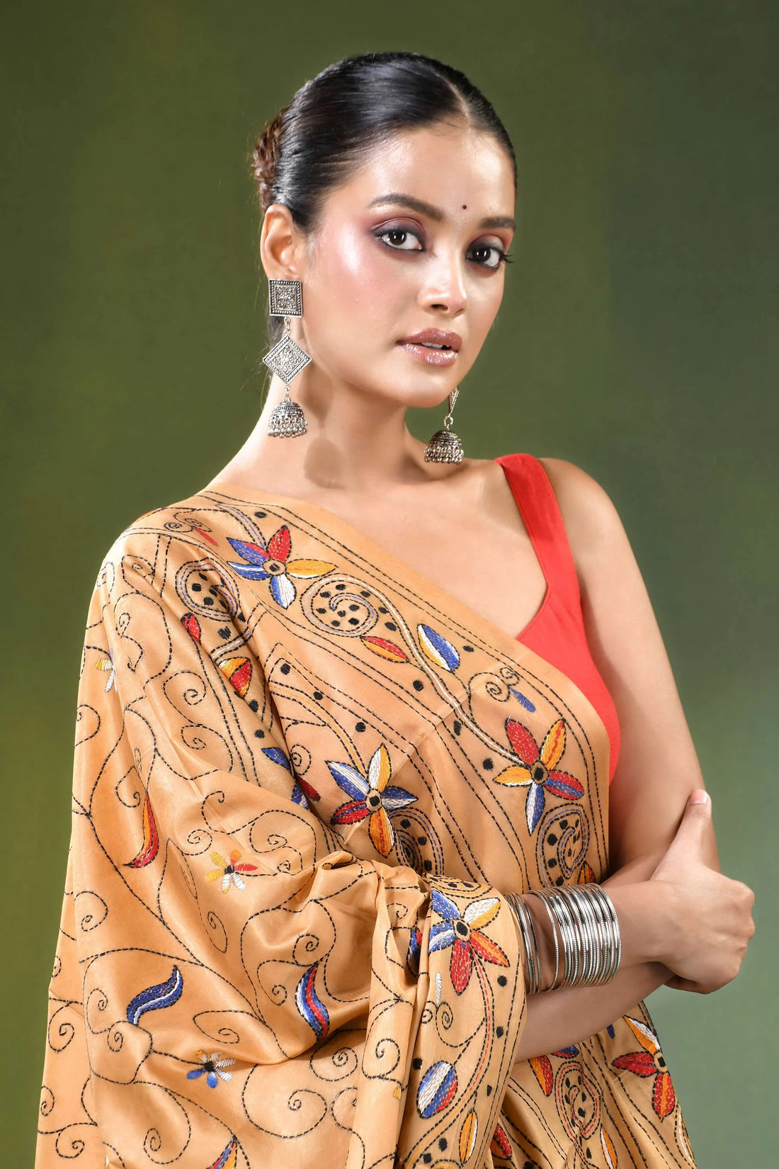 Sand brown bird design hand embroidered silk kantha saree woman wears tan 2