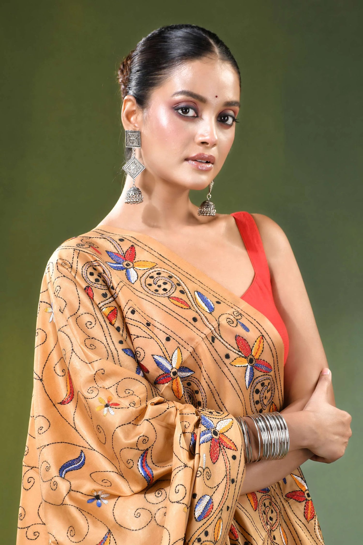 Sand brown bird design hand embroidered silk kantha saree woman wears tan 2