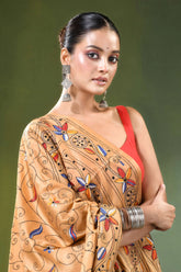 Sand brown bird design hand embroidered silk kantha saree woman wears tan 2
