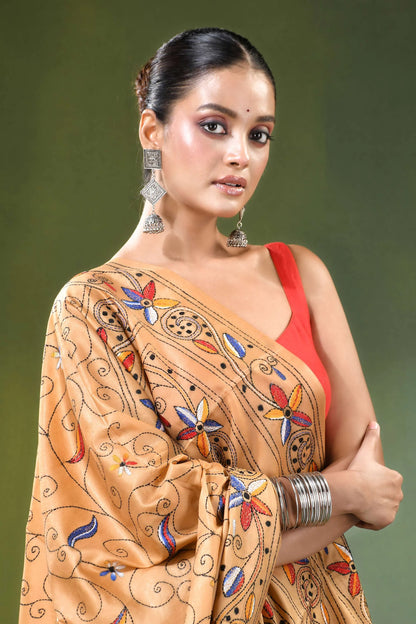 Sand brown bird design hand embroidered silk kantha saree woman wears tan 2
