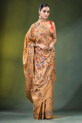 Sand brown bird design hand embroidered silk kantha saree woman wears tan 4