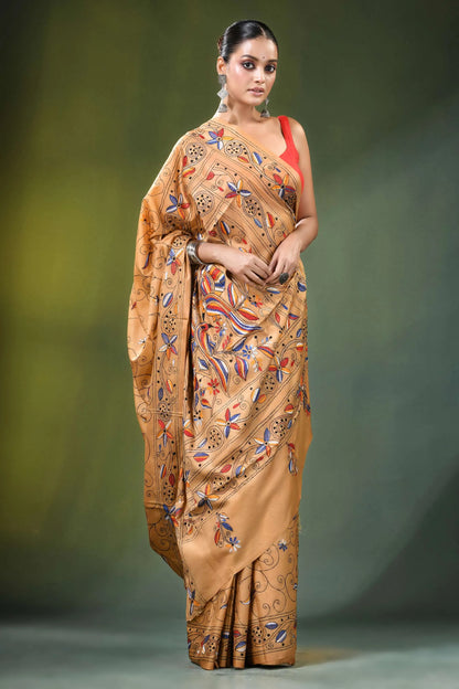 Sand brown bird design hand embroidered silk kantha saree woman wears tan 4