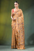 Sand brown bird design hand embroidered silk kantha saree woman wears tan 1