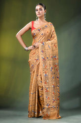 Sand brown bird design hand embroidered silk kantha saree woman wears tan 6