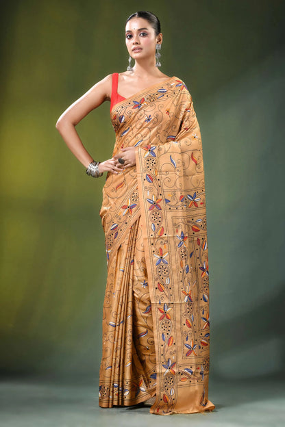 Sand brown bird design hand embroidered silk kantha saree woman wears tan 6