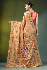 Sand brown bird design hand embroidered silk kantha saree woman wears beige 5
