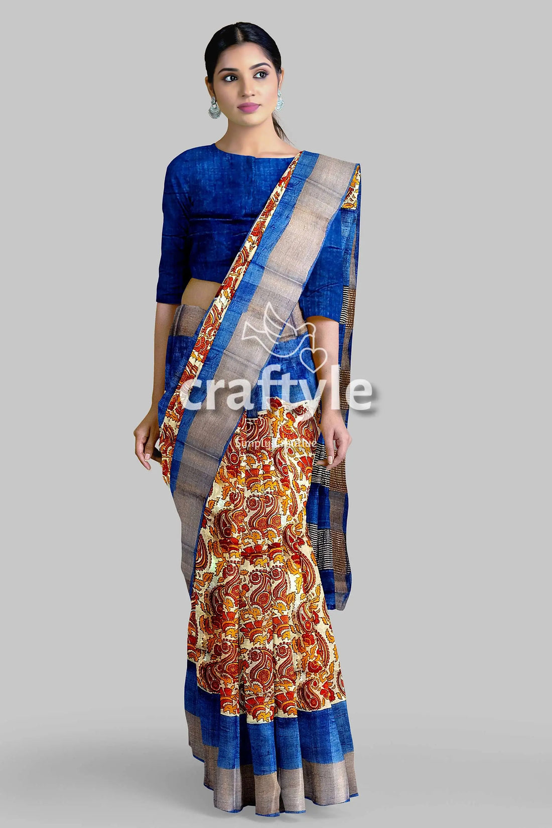 Sand brown hand block print pure tussar silk saree with zari border woman blue patterned saree 2