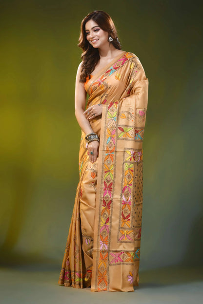 Sand brown kantha embroidery silk saree with handmade folk art motif 3