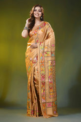 Sand brown kantha embroidery silk saree with handmade folk art motif 1