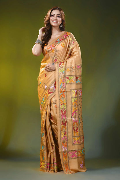 Sand brown kantha embroidery silk saree with handmade folk art motif 1