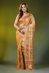 Sand brown kantha embroidery silk saree with handmade folk art motif 6