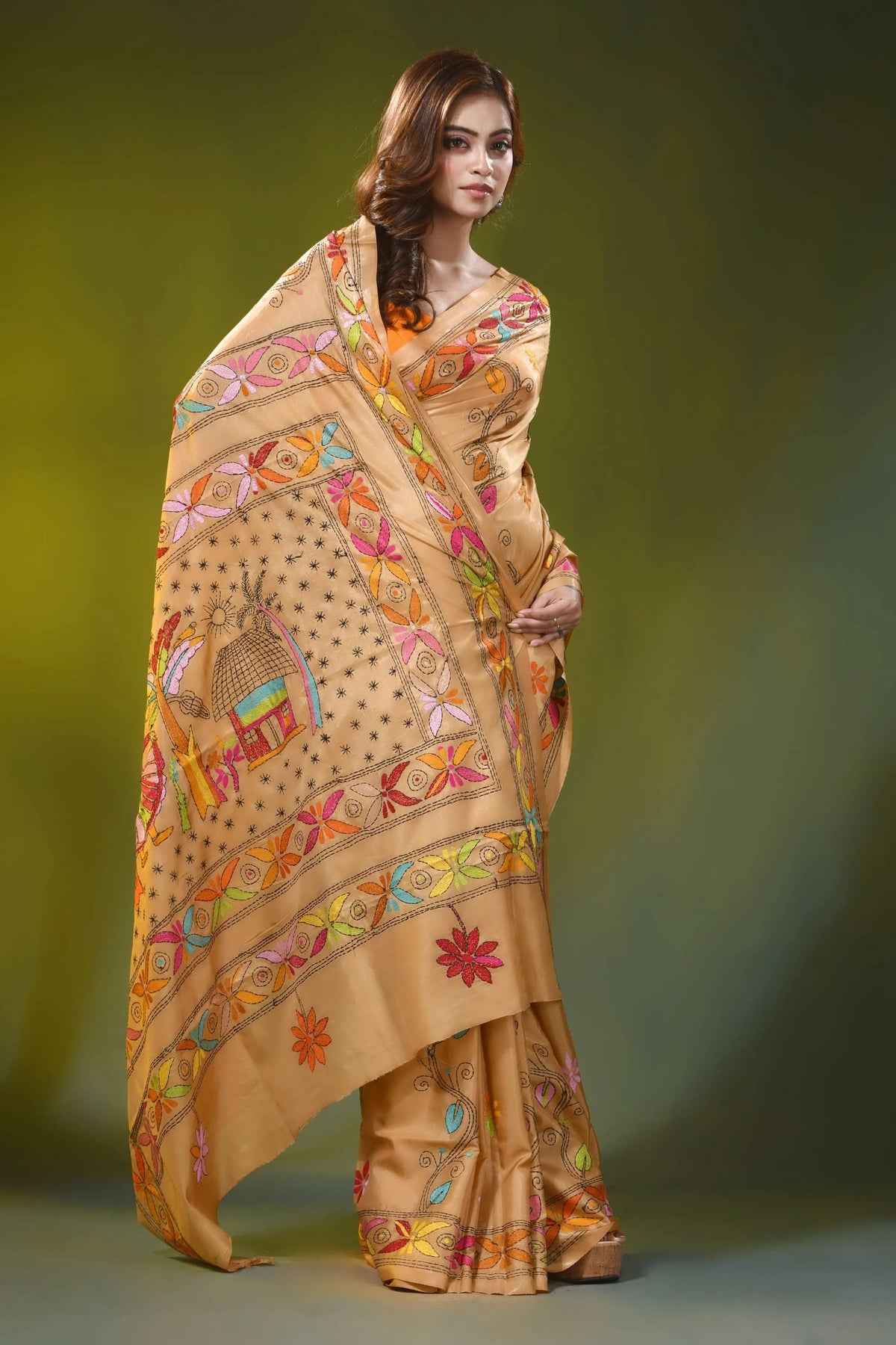 Sand brown kantha embroidery silk saree with handmade folk art motif 4