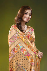Sand brown kantha embroidery silk saree with handmade folk art motif 2