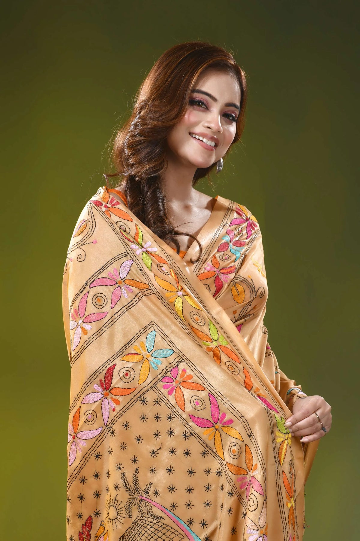 Sand brown kantha embroidery silk saree with handmade folk art motif 2