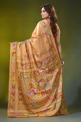 Sand brown kantha embroidery silk saree with handmade folk art motif 5