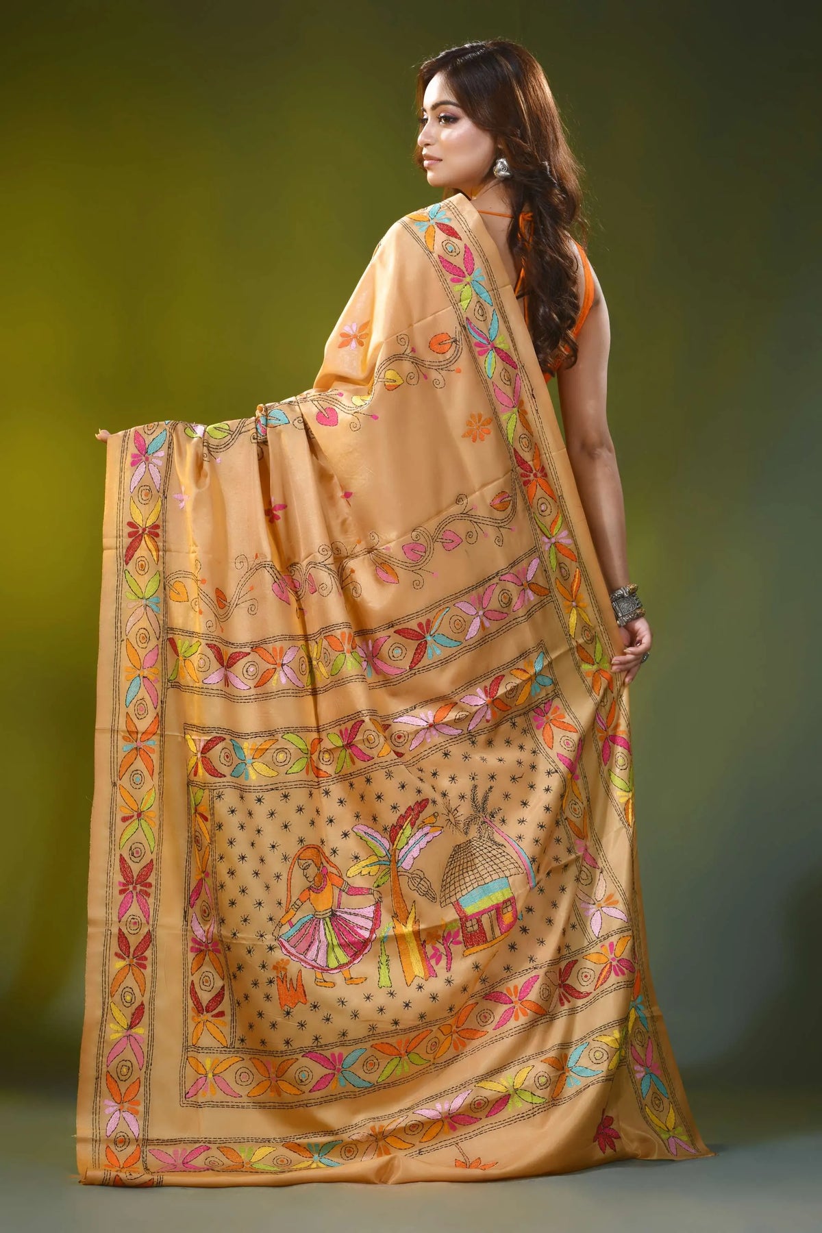 Sand brown kantha embroidery silk saree with handmade folk art motif 5
