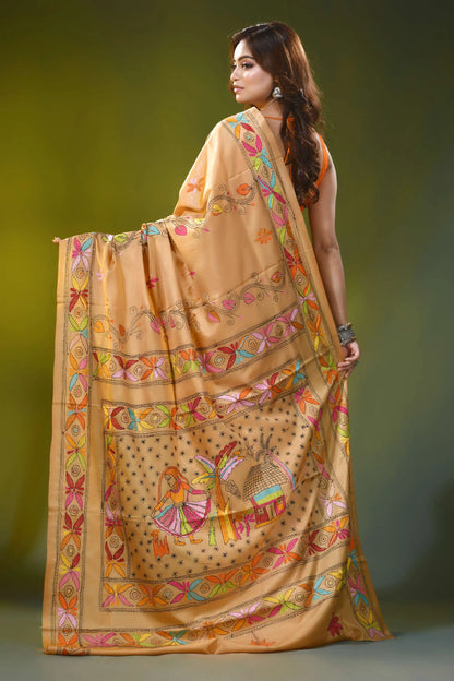 Sand brown kantha embroidery silk saree with handmade folk art motif 5