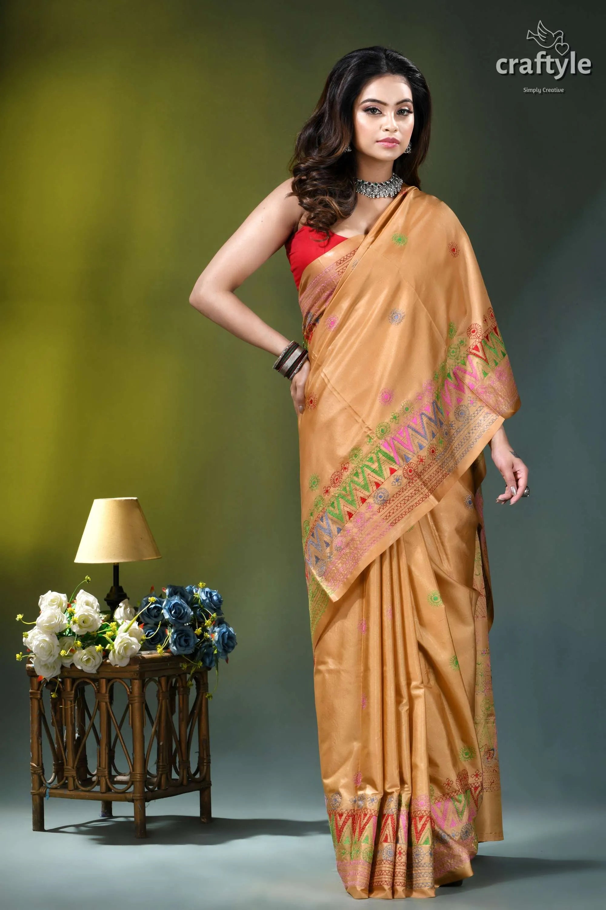 Sand brown silk saree with multi-thread lambani embroidery golden-orange silk saree intricate pink 4