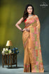 Sand brown silk saree with multi-thread lambani embroidery woman wears peach-colored silk saree 1