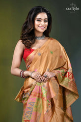 Sand brown silk saree with multi-thread lambani embroidery golden-orange silk saree intricate multicolored 2