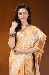 Sand brown white thread floral design handcrafted silk kantha saree golden silk saree intricate white 2