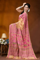 Sand color fish design handmade kantha embroidery silk saree vibrant pink beige hand-block printed 5
