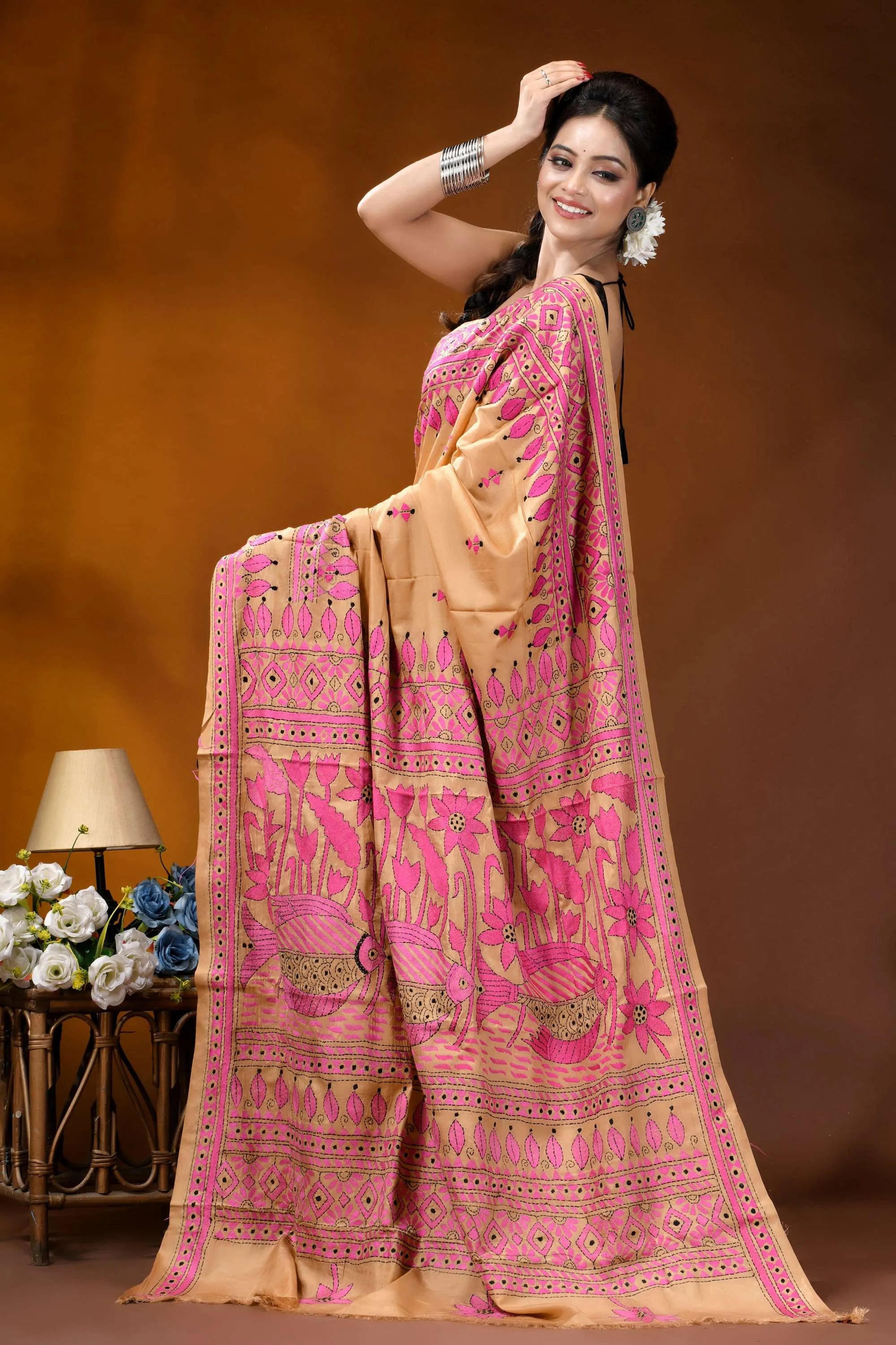 Sand color fish design handmade kantha embroidery silk saree vibrant pink beige hand-block printed 5
