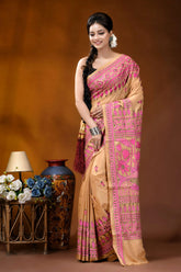 Sand color fish design handmade kantha embroidery silk saree woman wears beige pink hand-embroidered 6