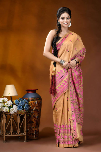 Sand color fish design handmade kantha embroidery silk saree woman wears beige pink embroidered 4