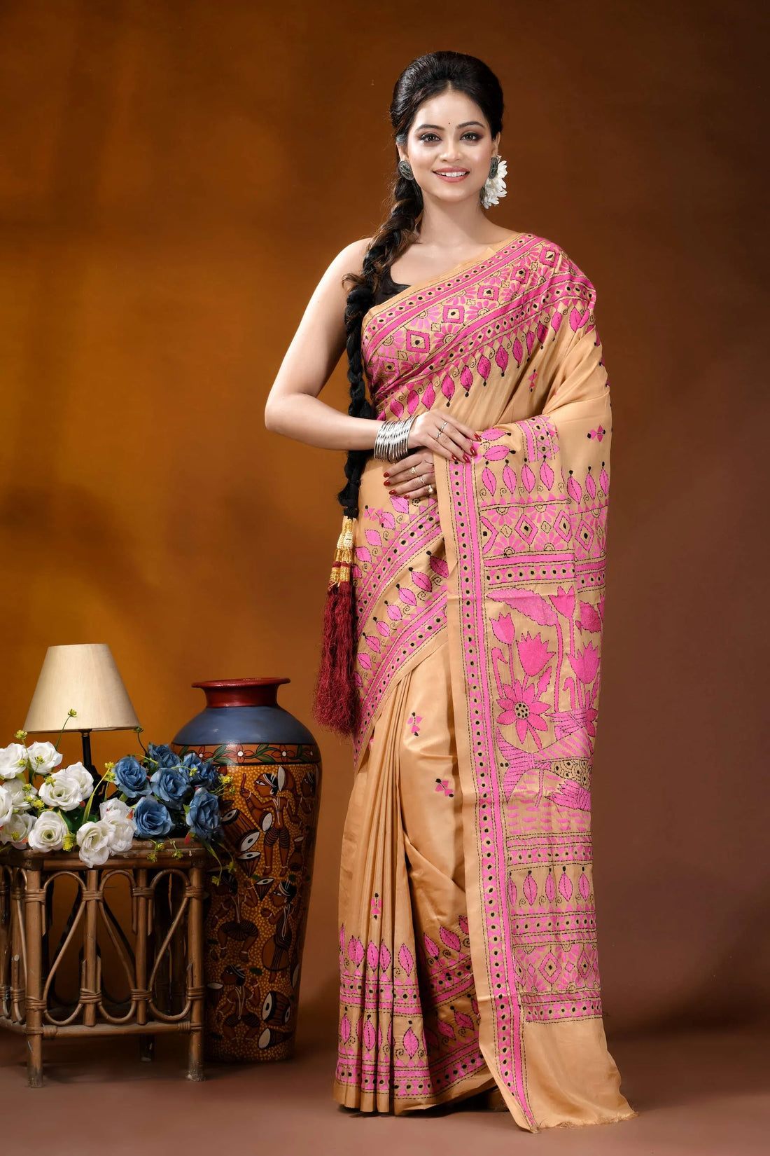 Sand color fish design handmade kantha embroidery silk saree woman wears beige pink hand-embroidered 1