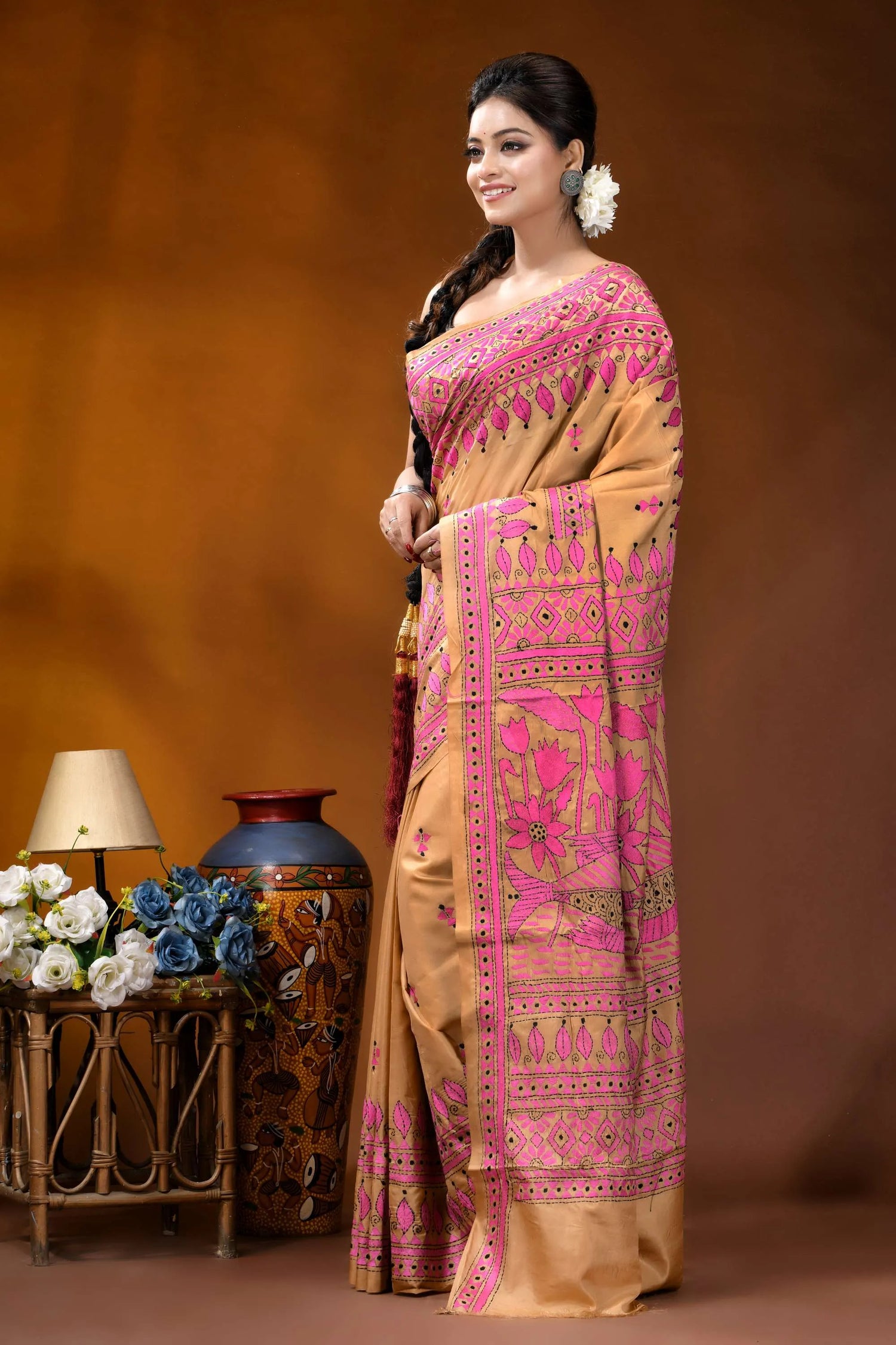 Sand color fish design handmade kantha embroidery silk saree woman wears tan pink hand-block 3