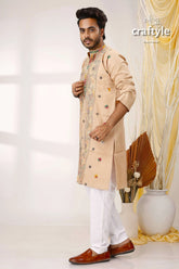 Sandal kantha embroidery work cotton kurta for men beige embroidered colorful floral 3