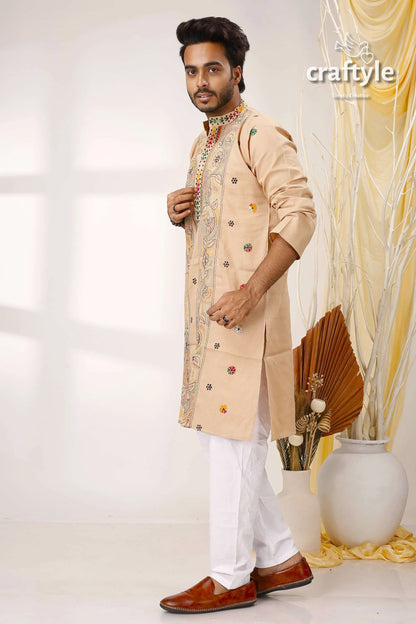 Sandal kantha embroidery work cotton kurta for men beige embroidered colorful floral 3