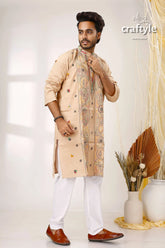 Sandal kantha embroidery work cotton kurta for men beige embroidered intricate floral 4