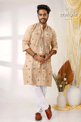 Sandal kantha embroidery work cotton kurta for men beige embroidered intricate floral 1