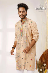 Sandal kantha embroidery work cotton kurta for men beige embroidered intricate floral 2