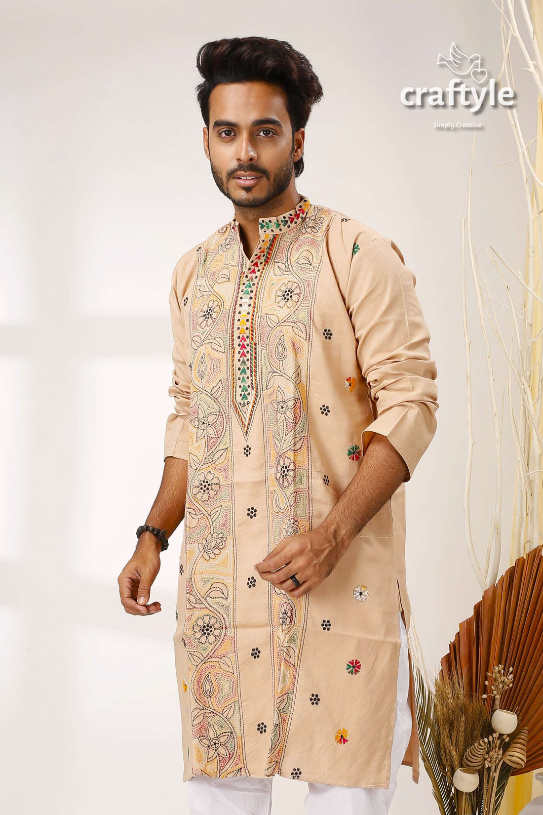Sandal Kantha Embroidery Work Cotton Kurta for Men - Craftyle