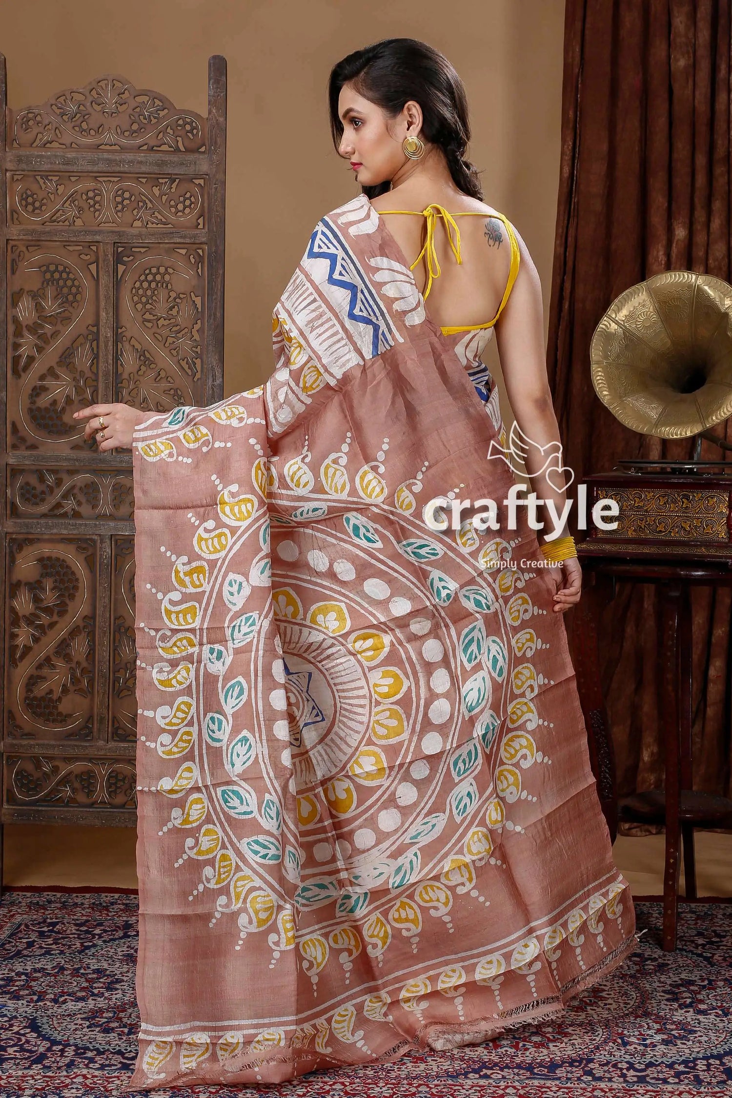 Sandalwood ethnic motif hand batik pure mulberry silk saree brown saree circular design 4