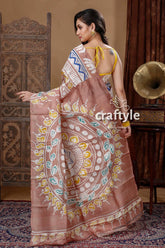 Sandalwood ethnic motif hand batik pure mulberry silk saree brown saree circular design 4