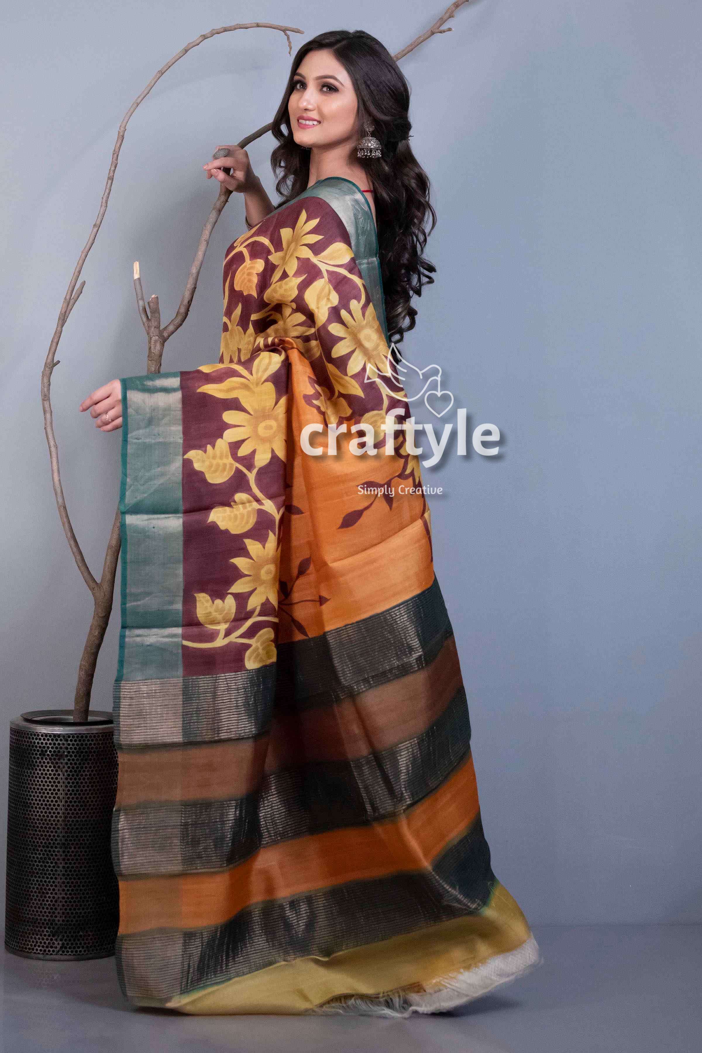 Sandstone Orange Pure Tussar Silk Hand Painted Saree for Women - Craftyle