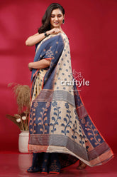 Sandy beach and blue floral motif jamdani saree blue beige floral saree 4