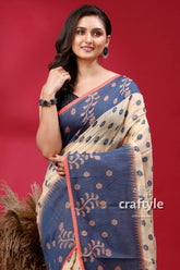 Sandy Beach and Blue Floral Motif Jamdani Saree - Craftyle