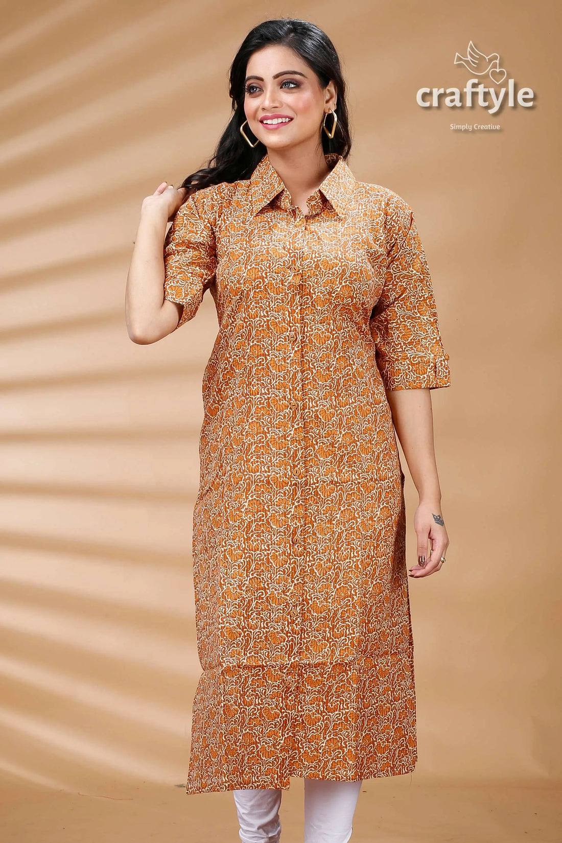 Sandy brown cotton ajrakh printed straight kurti with collar collared patterned orange kurta 2