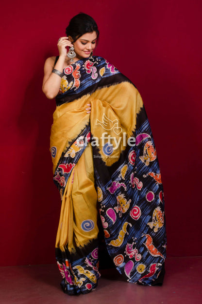 Sandy Yellow Handcrafted Batik Mulberry Pure Silk Saree - Craftyle