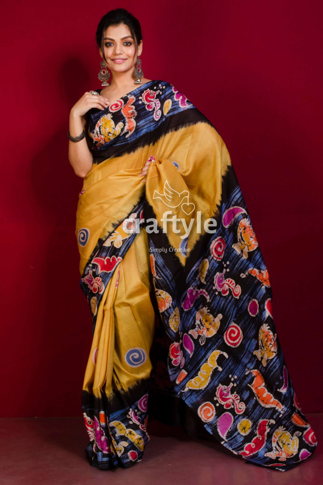 Sandy Yellow Handcrafted Batik Murshidabad Pure Silk Saree-Craftyle